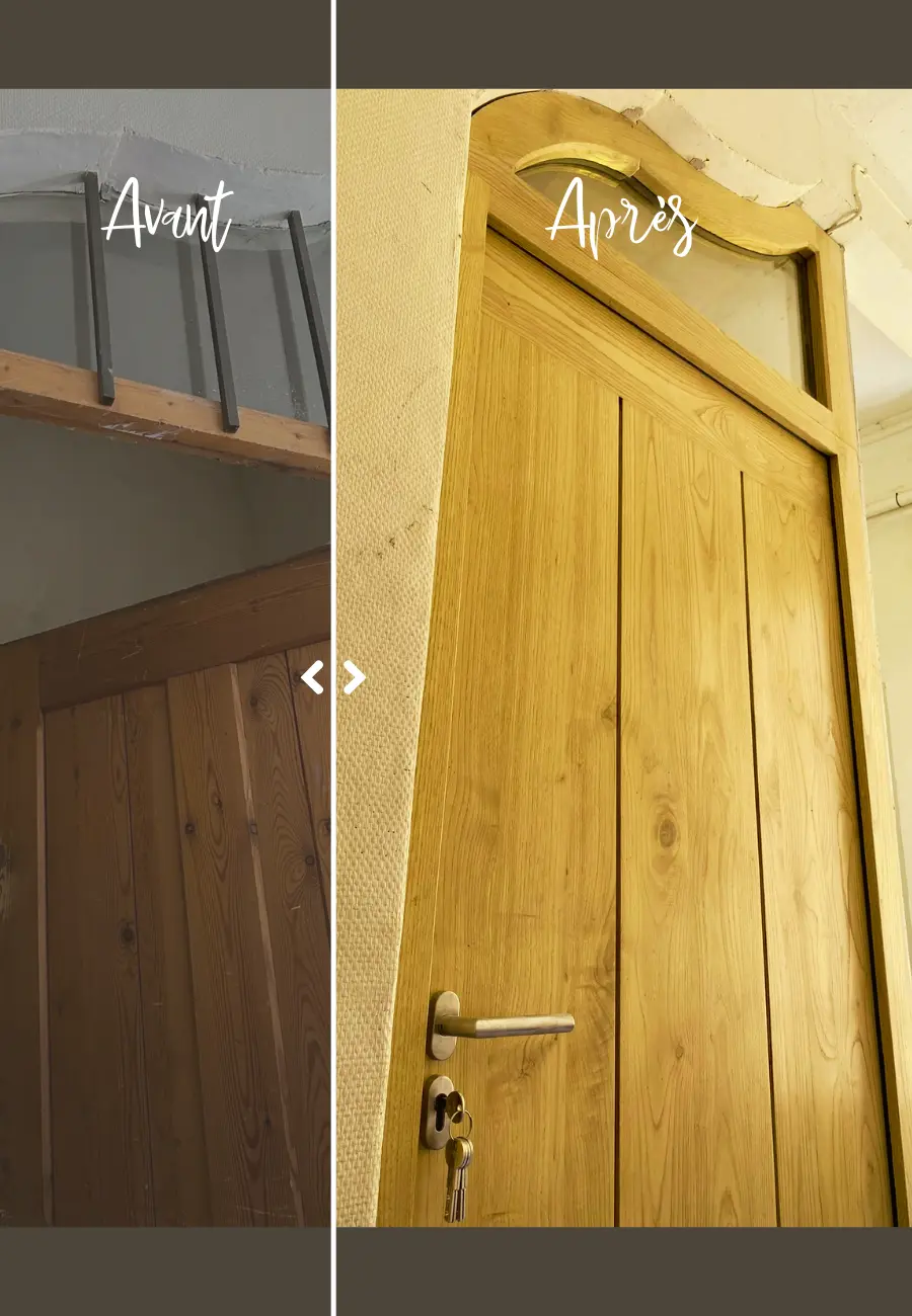 Porte d’entrée d’un appartement au centre ville de Nîmes en châtaignier lasuré incolore avec une imposte vitrée Porte d’entrée d’un appartement au centre ville de Nîmes en châtaignier lasuré incolore avec une imposte vitrée